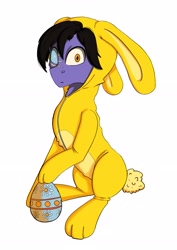 Size: 2480x3508 | Tagged: safe, artist:ardilya, derpibooru import, oc, oc:nightshade, earth pony, pony, animal costume, bunny costume, clothes, commission, costume, digital art, easter, easter bunny, easter egg, holiday, looking at you, simple background, solo, ych result, your character here
