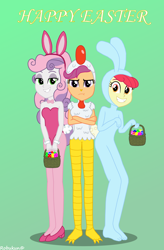 Size: 2500x3800 | Tagged: safe, artist:robukun, derpibooru import, apple bloom, scootaloo, sweetie belle, equestria girls, animal costume, bunny costume, bunny suit, chicken suit, clothes, costume, cutie mark crusaders, easter, grin, holiday, scootachicken, scootaloo is not amused, smiling, unamused