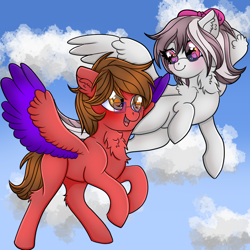 Size: 900x900 | Tagged: safe, artist:splashofsweet, derpibooru import, oc, oc only, pegasus, pony, chest fluff, cloud, colored wings, colored wingtips, flying, glasses, smiling, spread wings, wings