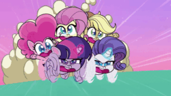 Size: 800x450 | Tagged: safe, derpibooru import, screencap, applejack, fluttershy, pinkie pie, rarity, twilight sparkle, twilight sparkle (alicorn), alicorn, earth pony, pegasus, unicorn, bubble trouble, my little pony: pony life, spoiler:pony life s02e08, animated, dust cloud, excited, gif, glowing horn, horn, magic glow, prepare for ramming speed, running, speed lines, wheel o feet, yelling