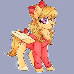 Size: 900x900 | Tagged: safe, artist:splashofsweet, derpibooru import, oc, oc only, pegasus, pony, bow, chest fluff, clothes, hair bow, looking at you, raspberry, smiling, solo, spread wings, sweater, tail bow, tongue, tongue out, wings
