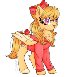 Size: 900x900 | Tagged: safe, alternate version, artist:splashofsweet, derpibooru import, oc, oc only, pegasus, pony, bow, chest fluff, clothes, hair bow, looking at you, raspberry, simple background, smiling, solo, spread wings, sweater, tail bow, tongue, tongue out, transparent background, wings