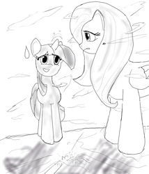 Size: 2267x2645 | Tagged: safe, artist:feyzer, derpibooru import, fluttershy, twilight sparkle, unicorn twilight, pegasus, pony, unicorn, female, giant pony, giantess, macro, mare, monochrome, sweat, sweatdrop