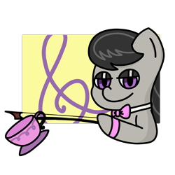 Size: 2100x2100 | Tagged: safe, artist:melodysketch, derpibooru import, bedroom eyes, bow (instrument), bowtie, cello bow, character:octavia melody, cup, cutie mark, cutie mark background, simple background, simple shading, solo, species:earth pony, species:pony, teacup, transparent background