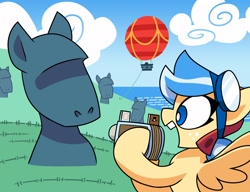 Size: 2048x1575 | Tagged: safe, artist:coaldustthestrange, derpibooru import, oc, oc only, pegasus, pony, blue eyes, camera, easter island, goggles, hot air balloon, moai, open mouth, smiling, solo, statue