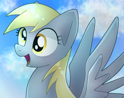 Size: 1276x1010 | Tagged: safe, artist:namaenonaipony, derpibooru import, derpy hooves, pegasus, pony, open mouth, sky, smiling, solo, spread wings, wings