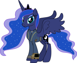 Size: 1280x1056 | Tagged: safe, artist:andoanimalia, artist:ponygamer2020, derpibooru import, princess luna, alicorn, pony, fallout equestria, absurd resolution, clothes, crown, fallout, female, jewelry, jumpsuit, mare, pipboy, regalia, simple background, smiling, solo, transparent background, vault suit, vector