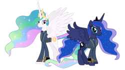 Size: 5360x3008 | Tagged: safe, artist:andoanimalia, artist:ponygamer2020, derpibooru import, princess celestia, princess luna, alicorn, pony, fallout equestria, absurd resolution, clothes, crown, duo, fallout, jewelry, jumpsuit, pipboy, regalia, royal sisters, siblings, simple background, sisters, smiling, transparent background, vault suit, vector