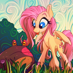 Size: 3150x3150 | Tagged: safe, artist:docwario, derpibooru import, fluttershy, frog, pegasus, pony, female, flower, glass, grass, looking at something, mare, outdoors, solo, tongue, tongue out