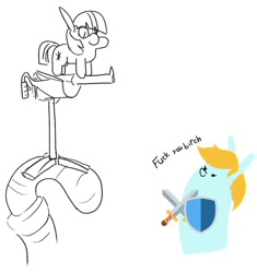 Size: 1024x1088 | Tagged: safe, artist:dinexistente, pony, unicorn, worm, blob pony, blonde, blonde mane, blue coat, dialogue, gun, looking at each other, looking down, looking up, shield, simple background, squat pony, sword, twiggie, vulgar, white background