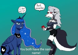 Size: 1280x912 | Tagged: safe, artist:wolfman-al, princess luna, alicorn, anthro, hellhound, pony, wolf, chest fluff, crossover, dialogue, duo, fanart, helluva boss, looking at you, loona (helluva boss), midriff, name joke, sexually transmitted disease, simple background, std, syphilis, teal background, text edit, word balloon