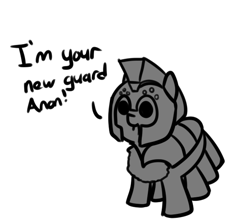 Size: 617x553 | Tagged: safe, artist:neuro, oc, oc only, monster pony, original species, spiderpony, armor, dialogue, female, helmet, monochrome, royal guard, royal guard armor, simple background, solo, white background
