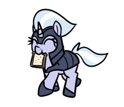 Size: 388x335 | Tagged: safe, artist:neuro, silver sable, pony, unicorn, armor, bread, eyes closed, female, food, guardsmare, helmet, hoof shoes, horn, mare, mouth hold, royal guard, schoolgirl toast, simple background, solo, toast, transparent background, trotting