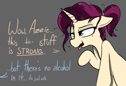 Size: 1430x975 | Tagged: safe, artist:pinkberry, oc, oc only, oc:mulberry merlot, pony, unicorn, drunk, female, freckles, heart, offscreen character, placebo, placebo effect, ponytail, tattoo