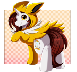 Size: 3680x3448 | Tagged: safe, artist:pridark, oc, oc only, pony, unicorn, clothes, commission, cosplay, costume, crossover, cutie mark, eeveelution, golden eyes, high res, hoodie, horn, jolteon, male, one eye closed, pokémon, raised hoof, raised leg, smiling, solo, video game crossover, white body, wink