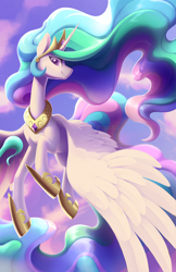 Size: 1000x1545 | Tagged: safe, artist:dawnfire, princess celestia, alicorn, pony, crown, ethereal mane, ethereal tail, female, flying, hoof shoes, horn, jewelry, looking at you, mare, peytral, regalia, smiling, solo, stars, wings