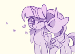 Size: 1350x976 | Tagged: safe, artist:dawnfire, rarity, twilight sparkle, twilight sparkle (alicorn), alicorn, pony, unicorn, blushing, female, heart, horn, kiss on the cheek, kissing, lesbian, monochrome, one eye closed, rarilight, shipping, simple background, white background, wings