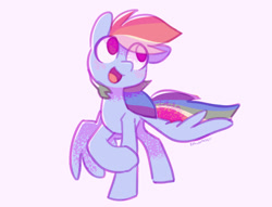 Size: 1100x841 | Tagged: safe, artist:dawnfire, rainbow dash, pegasus, pony, eye clipping through hair, female, hoof on leg, mare, open mouth, signature, simple background, solo, spread wings, white background, wings