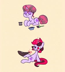 Size: 941x1046 | Tagged: safe, artist:dawnfire, oc, oc only, oc:dawnfire, pony, unicorn, clothes, dressing, eyes closed, female, hair dye, horn, magic, mare, ripped stockings, solo, stockings, telekinesis, thigh highs, tongue, tongue out, unicorn oc