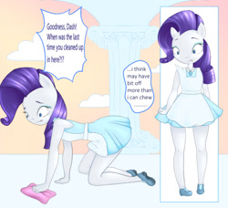 Size: 658x600 | Tagged: safe, artist:shookwook, rarity, anthro, plantigrade anthro, cleaning, clothes, dialogue, dress, maid, solo