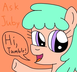 Size: 753x698 | Tagged: safe, artist:yorkyloves, derpibooru import, jubileena, earth pony, pony, ask, ask juby, background pony, cute, diaileena, female, juby, mare, open mouth, orange background, simple background, speech bubble, talking, title, title card, tumblr, waving