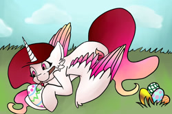 Size: 1280x852 | Tagged: safe, artist:skyblazeart, derpibooru import, oc, oc only, oc:skyblaze, alicorn, pony, alicorn oc, colored wings, easter, easter egg, egg, female, full body, gradient mane, gradient wings, grass, happy, holiday, horn, paintbrush, solo, wings