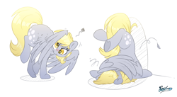 Size: 3920x2150 | Tagged: safe, artist:fluffyxai, derpibooru import, derpy hooves, tumble, pegasus, pony, falling, grooming, preening, silly, simple background, solo, white background, wings