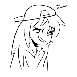 Size: 720x720 | Tagged: safe, artist:twiskielulamoon, derpibooru import, rainbow dash, human, backwards ballcap, baseball cap, bedroom eyes, bust, cap, clothes, eyelashes, female, hat, humanized, lineart, monochrome, simple background, smiling, smirk, solo, thinking, white background