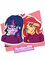 Size: 1536x2048 | Tagged: safe, artist:twiskielulamoon, derpibooru import, sci-twi, sunset shimmer, twilight sparkle, equestria girls, abstract background, bust, clothes, female, glasses, grin, heart, lesbian, scitwishimmer, shipping, signature, smiling, sunsetsparkle