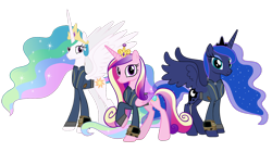 Size: 5360x3008 | Tagged: safe, artist:andoanimalia, artist:ponygamer2020, derpibooru import, princess cadance, princess celestia, princess luna, alicorn, pony, fallout equestria, absurd resolution, alicorn triarchy, clothes, crown, fallout, female, jewelry, jumpsuit, looking at you, mare, pipboy, regalia, royal sisters, siblings, simple background, sisters, smiling, transparent background, trio, vault suit, vector