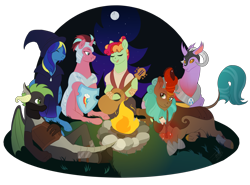 Size: 2700x2000 | Tagged: safe, artist:theartfox2468, derpibooru import, oc, oc only, oc:cocoa berry, oc:halcyon halfnote, oc:larynx (changeling), oc:lobelya, oc:wild goosechase, changedling, changeling, dragon, earth pony, kirin, pegasus, pony, unicorn, armor, bandage, bandana, bard, boots, camp, campfire, changedling oc, changeling oc, clothes, dnd, dragon oc, dungeons and dragons, eyes closed, fantasy class, female, food, freckles, gloves, glowing horn, grin, guitar, hat, healer, helmet, hoof shoes, horn, kirin oc, knee pads, levitation, log, lying down, magic, male, mare, marshmallow, multicolored hair, musical instrument, night, nonbinary, open mouth, pants, pen and paper rpg, prone, robe, rock, rpg, shield, shirt, shoes, singing, sitting, sky, smiling, stars, stick, telekinesis, tree, unnamed oc, vest, wall of tags, wizard, wizard hat, wood