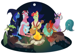 Size: 2700x2000 | Tagged: safe, alternate version, artist:theartfox2468, derpibooru import, oc, oc only, oc:cocoa berry, oc:halcyon halfnote, oc:larynx (changeling), oc:lobelya, oc:wild goosechase, changedling, changeling, dragon, earth pony, kirin, pegasus, pony, unicorn, armor, bandage, bandana, bard, boots, camp, campfire, changedling oc, changeling oc, clothes, dnd, dragon oc, dungeons and dragons, eyes closed, fantasy class, female, food, freckles, gloves, glowing horn, grin, guitar, hat, healer, helmet, hoof shoes, horn, kirin oc, knee pads, levitation, log, lying down, magic, male, mare, marshmallow, multicolored hair, musical instrument, night, nonbinary, open mouth, pants, pen and paper rpg, prone, robe, rock, rpg, shield, shirt, shoes, singing, sitting, sky, smiling, stars, stick, telekinesis, tree, unnamed oc, vest, wall of tags, wizard, wizard hat, wood