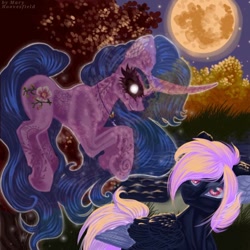 Size: 768x768 | Tagged: safe, artist:maryhoovesfield, derpibooru import, oc, oc only, ghost, pegasus, pony, undead, unicorn, duo, ear fluff, ears, eyelashes, floating, full moon, horn, jewelry, looking back, moon, necklace, night, not izzy moonbow, outdoors, pegasus oc, pond, signature, stars, two toned wings, unicorn oc, wings