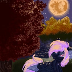Size: 768x768 | Tagged: safe, alternate version, artist:maryhoovesfield, derpibooru import, oc, oc only, pegasus, pony, ear fluff, ears, full moon, looking back, moon, night, outdoors, pegasus oc, pond, signature, solo, stars, two toned wings, wings
