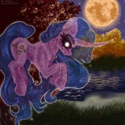Size: 768x768 | Tagged: safe, alternate version, artist:maryhoovesfield, derpibooru import, oc, oc only, ghost, pony, undead, unicorn, ear fluff, ears, eyelashes, floating, full moon, horn, jewelry, moon, necklace, night, outdoors, pond, signature, solo, stars, unicorn oc