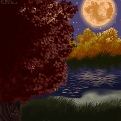 Size: 768x768 | Tagged: safe, alternate version, artist:maryhoovesfield, derpibooru import, background, full moon, moon, night, no pony, outdoors, pond, signature, stars