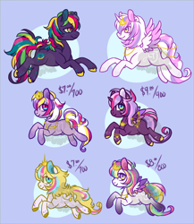 Size: 2000x2300 | Tagged: safe, artist:lavvythejackalope, derpibooru import, oc, oc only, alicorn, earth pony, pegasus, pony, alicorn oc, base used, blue background, crown, earth pony oc, freckles, horn, jewelry, multicolored hair, pegasus oc, rainbow hair, regalia, simple background, smiling, unshorn fetlocks, wings