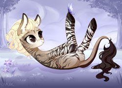 Size: 2364x1700 | Tagged: safe, artist:heidi, artist:sparkling_light, derpibooru import, oc, oc only, oc:mikaella, butterfly, donkey, hybrid, zebra, zebroid, zonkey, butt, commission, curious, female, flower, lying down, mare, on back, outdoors, plot, solo, tree, ych result