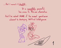 Size: 1180x934 | Tagged: safe, artist:aragón, derpibooru import, moondancer, twilight sparkle, twilight sparkle (alicorn), alicorn, pony, unicorn, fanfic:friendship is optimal, artificial intelligence, computer, implied oc:celestai, laptop computer, text