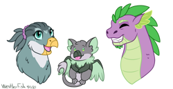 Size: 1280x660 | Tagged: safe, artist:quincydragon, derpibooru import, gabby, spike, oc, oc:gale, dragon, griffon, driffon, female, interspecies offspring, male, offspring, parent:gabby, parent:spike, parents:spabby, shipping, simple background, spabby, straight, transparent background