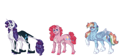 Size: 1673x768 | Tagged: safe, artist:rainydayjitters, derpibooru import, pinkie pie, rainbow dash, rarity, pony, alternate design, simple background