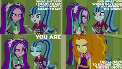 Size: 1280x720 | Tagged: safe, artist:quoterific, derpibooru import, adagio dazzle, aria blaze, sonata dusk, equestria girls, rainbow rocks, adagio is not amused, aria blaze is not amused, disguise, disguised siren, gem, implied sunset shimmer, siren gem, surrounded by idiots, the dazzlings, unamused