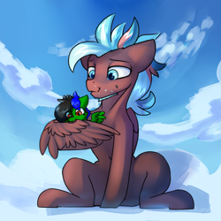 Size: 2200x2200 | Tagged: safe, artist:endelthepegasus, artist:jedayskayvoker, derpibooru import, oc, oc:endel frostlion, oc:thunder twist, pegasus, collaboration, april fools 2021, cloud, grooming, preening, size difference, sky, spread wings, wings