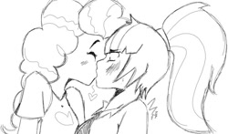 Size: 750x441 | Tagged: safe, artist:raijuri, derpibooru import, pinkie pie, sonata dusk, equestria girls, black and white, female, floating heart, grayscale, heart, kissing, lesbian, monochrome, pinata (ship), shipping, sketch