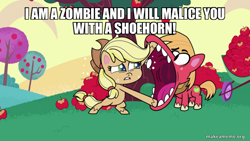 Size: 800x450 | Tagged: safe, derpibooru import, edit, edited screencap, screencap, applejack, big macintosh, earth pony, pony, my little pony: pony life, terrorarium, spoiler:pony life s02e07, apple, caption, ed edd n eddy, female, food, image macro, male, mare, stallion, text, the good ol' ed, tree