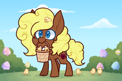 Size: 3000x2000 | Tagged: safe, artist:jetjetj, derpibooru import, oc, oc:éclair, earth pony, pony, basket, chick, easter egg, female, mare, mouth hold, solo