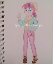 Size: 1003x1199 | Tagged: safe, artist:mmy_little_drawings, derpibooru import, oc, oc only, beanie, clothes, eyelashes, female, grin, hat, obtrusive watermark, pants, peace sign, scarf, shoes, smiling, solo, traditional art, watermark