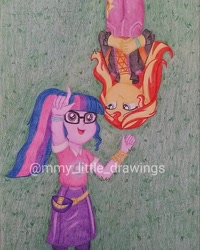 Size: 1039x1299 | Tagged: safe, artist:mmy_little_drawings, derpibooru import, sci-twi, sunset shimmer, twilight sparkle, equestria girls, :d, bracelet, clothes, female, grass, jacket, jewelry, lesbian, lying down, obtrusive watermark, on back, open mouth, pointing, scitwishimmer, shipping, skirt, smiling, sunsetsparkle, traditional art, watermark