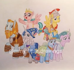 Size: 1080x1030 | Tagged: safe, artist:mmy_little_drawings, derpibooru import, flash magnus, meadowbrook, mistmane, rockhoof, somnambula, star swirl the bearded, earth pony, pegasus, pony, unicorn, :d, clothes, female, flying, hat, helmet, male, mare, mask, obtrusive watermark, pillars of equestria, raised hoof, raised leg, stallion, traditional art, underhoof, watermark, wings