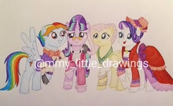 Size: 1080x663 | Tagged: safe, artist:mmy_little_drawings, derpibooru import, flutterholly, fluttershy, merry, rainbow dash, rarity, snowfall frost, starlight glimmer, pegasus, pony, unicorn, bowtie, clothes, dress, female, feminism, frock coat, glasses, hat, horn, jabot, mare, obtrusive watermark, rainbow dash always dresses in style, shirt, snowdash, traditional art, waistcoat, watermark, wings